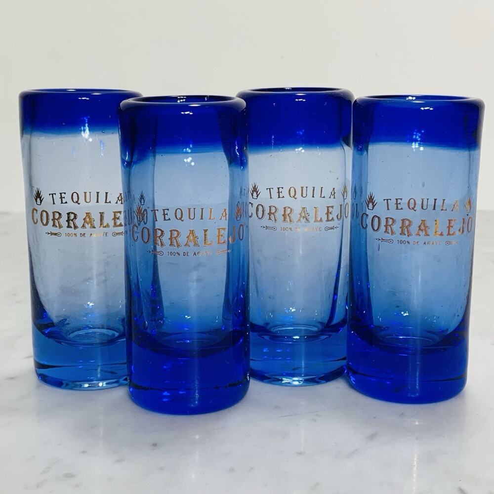 Set (4) CORRALEJO Tequila 4" Double Shot Glass 2 oz Cobalt Blue Ombré NEW